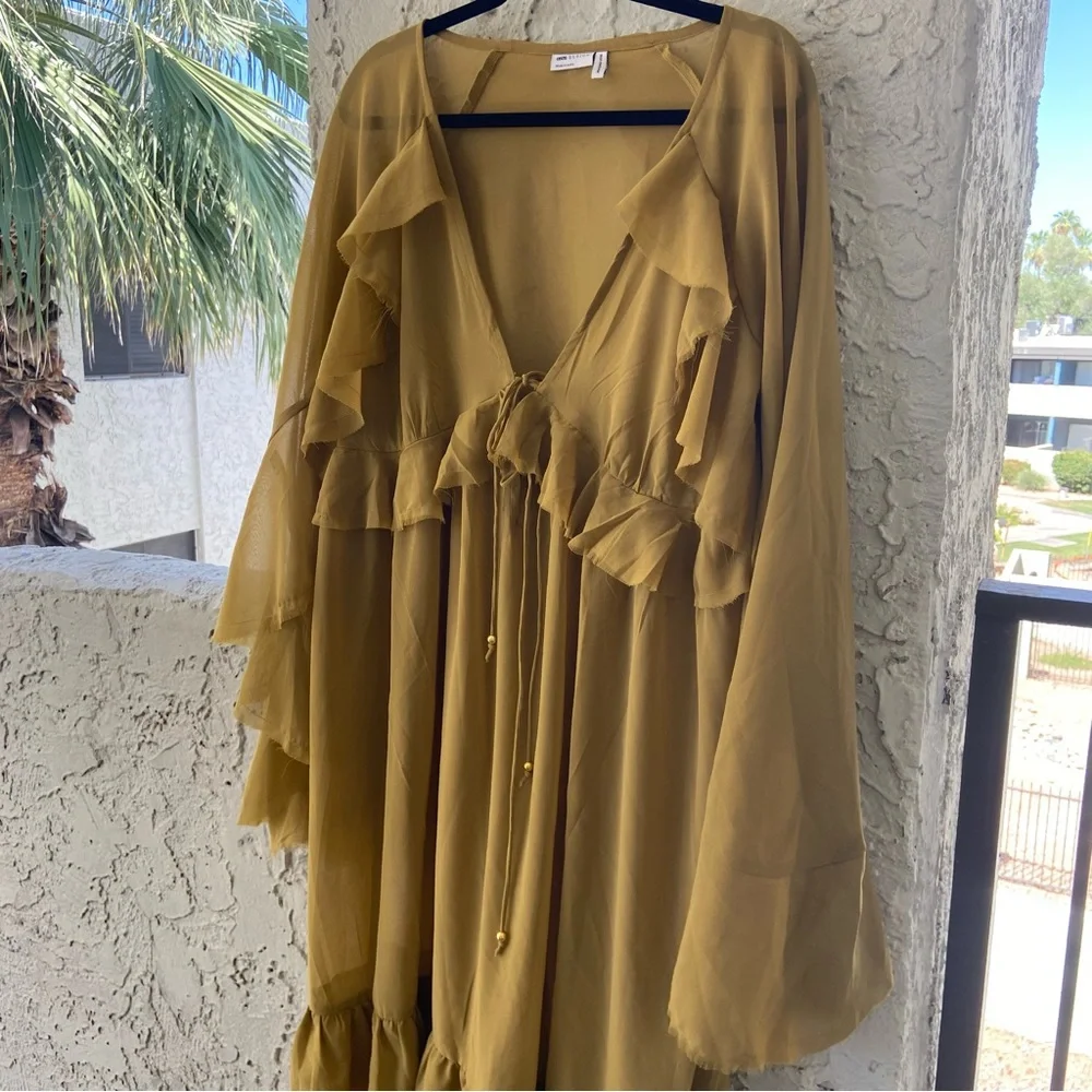 ASOS Sheer Tiered Ruffle Maxi Dress Mustard Bell Sleeve Raw Hem Size 10 - Picture 7 of 8